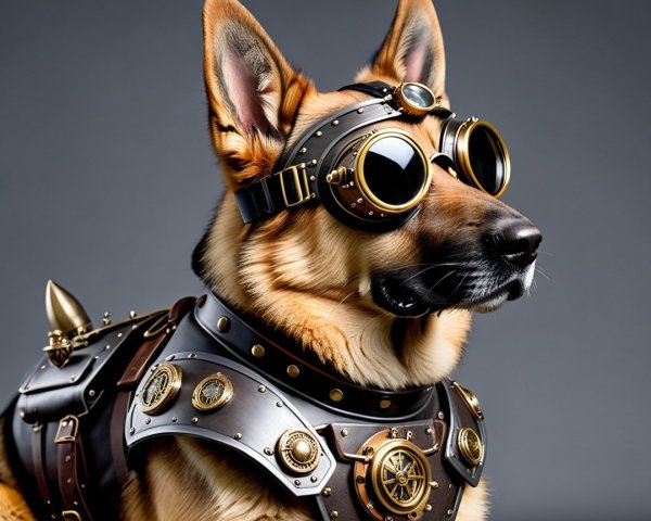 German Shepherd in Stylish Steampunk Dog Outfit