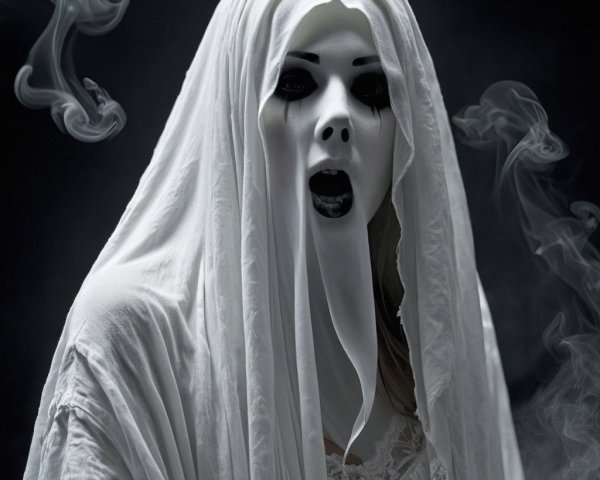 Ghostly Figure in White Garment with Eerie Mask