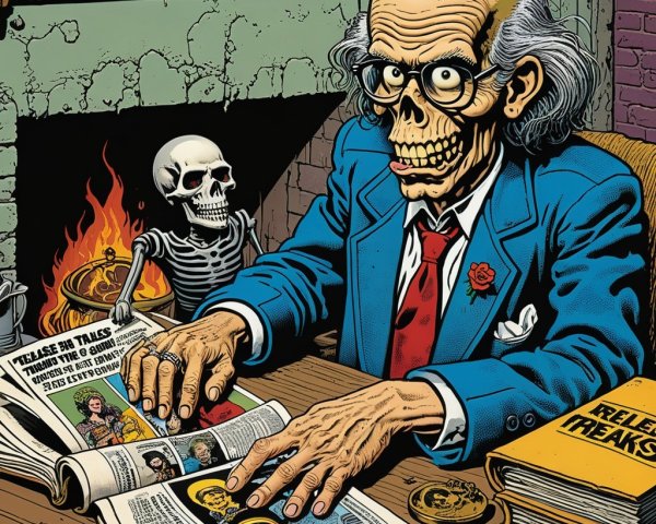 Cartoon Character with Skull Face in Eerie Setting