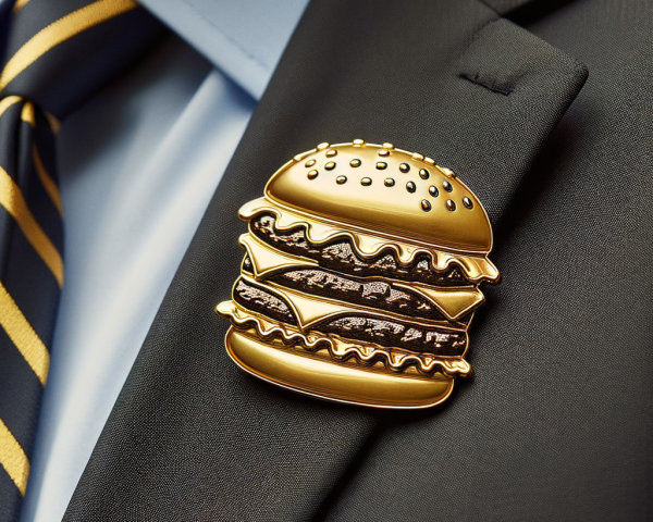 Stylish Hamburger Lapel Pin on Dark Suit Jacket