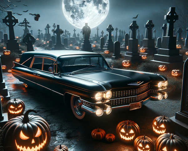 Classic Car in Spooky Graveyard with Pumpkins and Bats