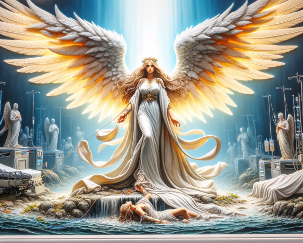 Majestic angel with luminous wings in serene landscape
