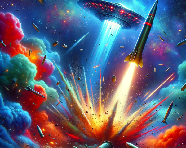 Vibrant Cosmic Scene of Alien Spaceship and Explosion