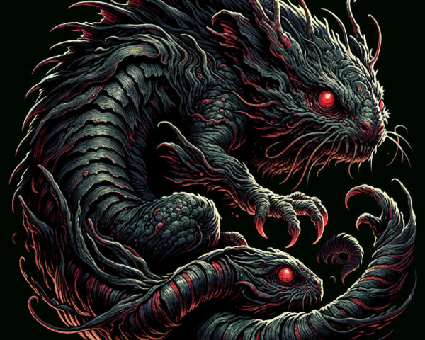 Dark Fantastical Creature with Sinuous Body and Tails