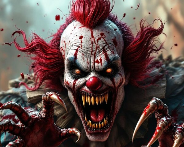 Menacing clown with red hair and sinister features