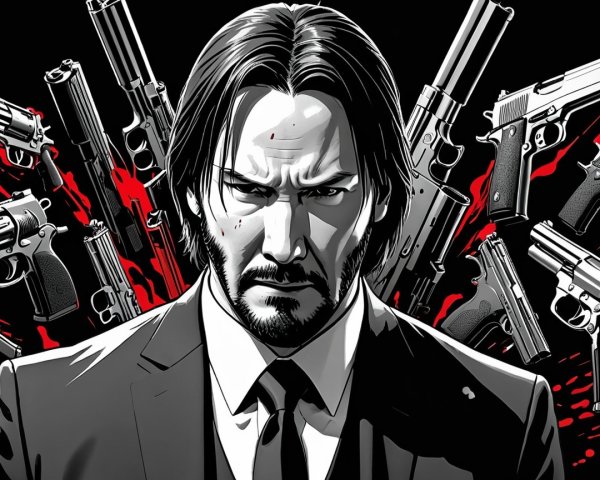 Stylized portrait of a serious man with handguns