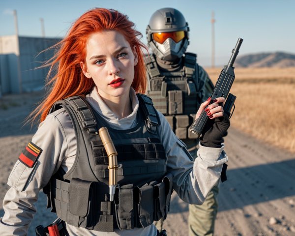 Woman in Tactical Gear with Firearm in Rugged Landscape