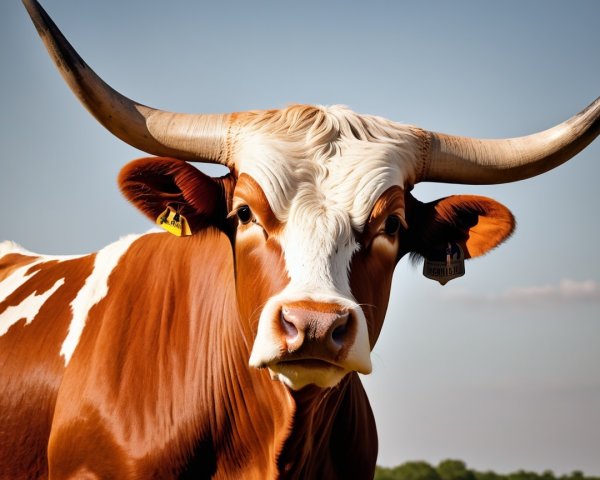 Close-up of a brown and white cow with horns