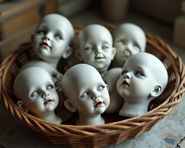 Woven Basket with Unpainted Doll Heads in Soft Light