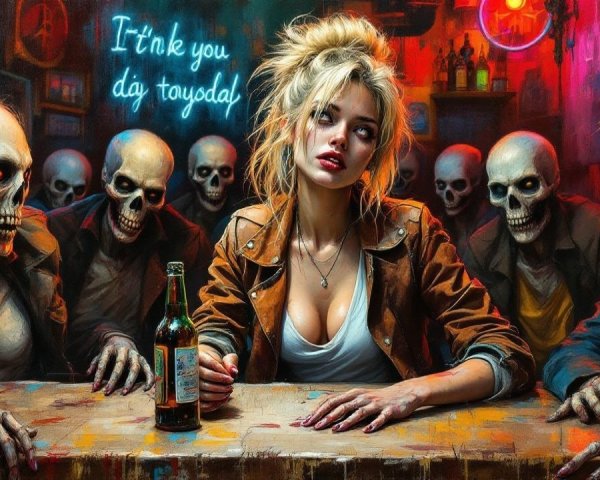Young woman in a bar with skeletal figures and neon lights