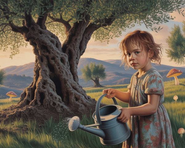 Young girl watering a meadow by an olive tree