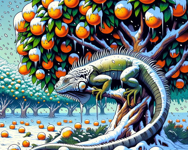 Iguana on Snowy Orange Tree in Surreal Landscape