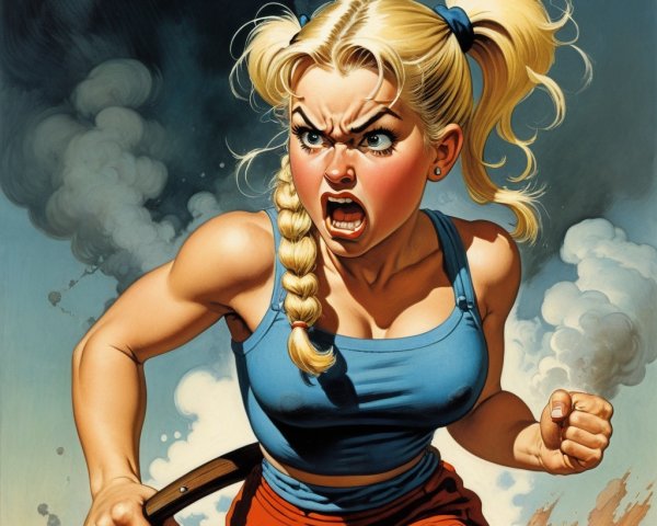 Young Woman with Weapon in Chaotic Background