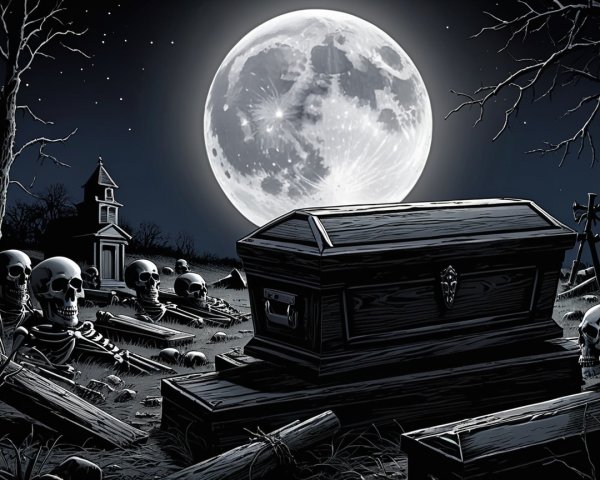 Eerie Graveyard Scene with Moonlit Shadows and Coffin