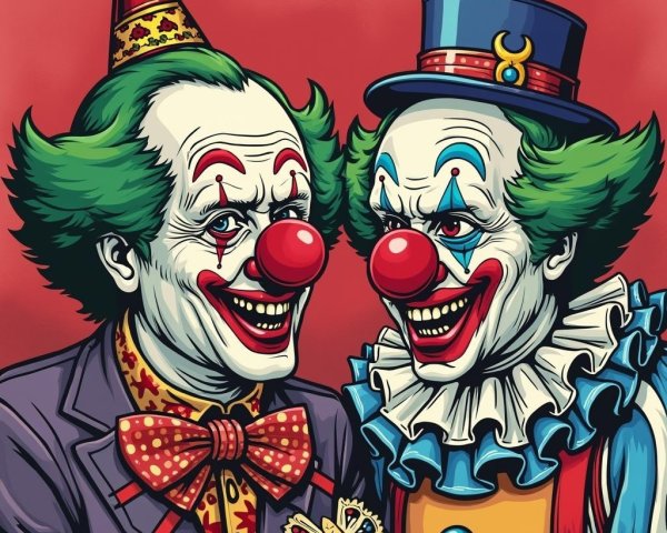 Colorful Clowns in Playful Outfits Against Red Background