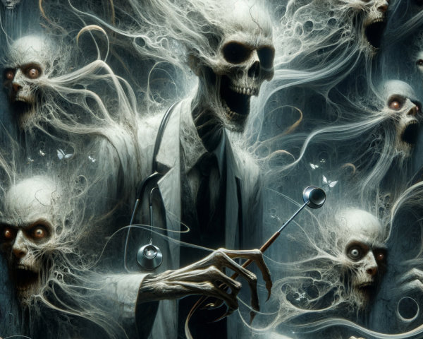 Skeletal Figure in Doctor's Coat Surrounded by Spirits