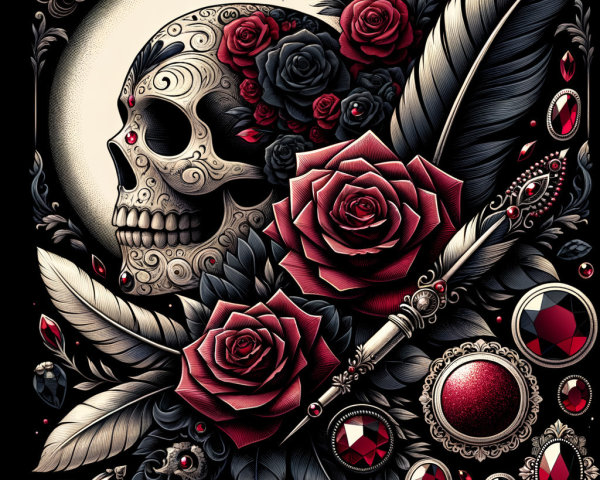 Stylized Skull with Roses and Gemstones on Black Background