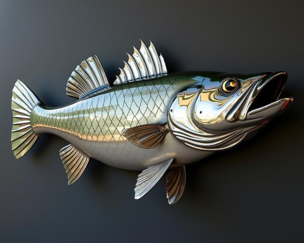 Realistic Metallic Bass Fish Artwork on Dark Wall