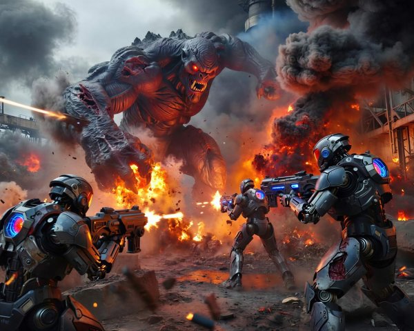 Futuristic soldiers battling a colossal fiery monster