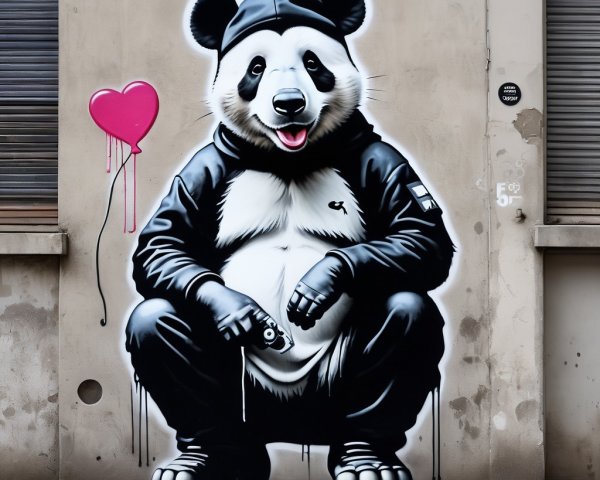 Graffiti Mural of Panda in Hoodie with Heart Balloon