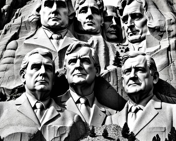 Black-and-white sculpture of historical figures in stone