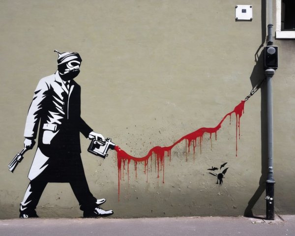 Mural of a masked figure with spray can and pistol