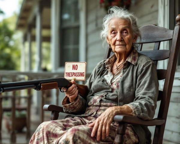 Elderly Woman on Porch with Rifle and No Trespassing Sign