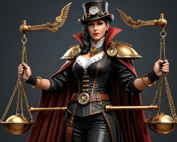 Steampunk Woman in Costume Holding Golden Scale