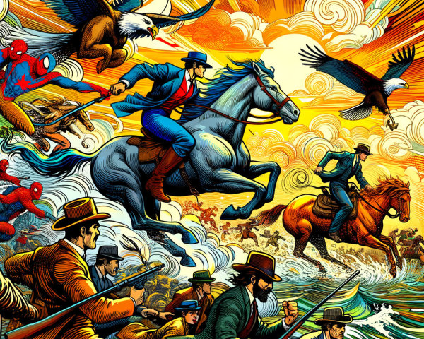 Dynamic Action Scene with Horses and Soaring Eagle