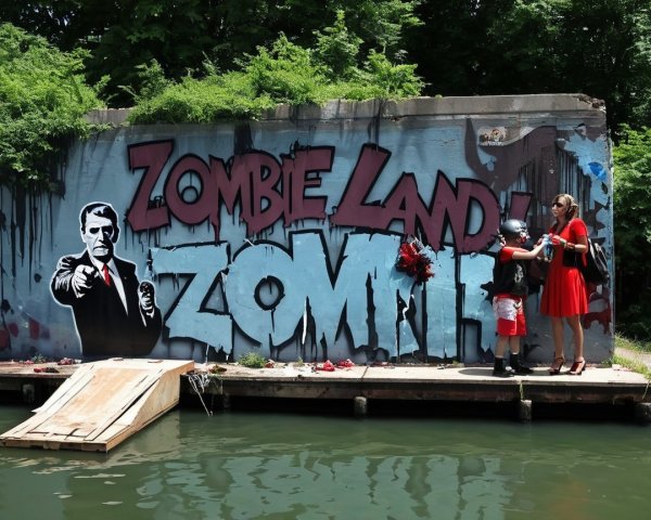 Graffiti Mural of "ZOMBIE LAND" with Figures and Flowers