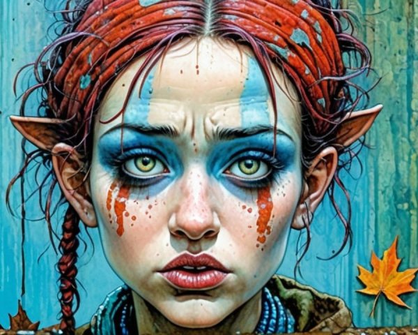 Young woman with red hair and tribal markings in autumn