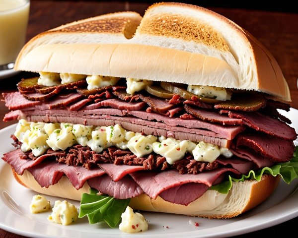 Towering Roast Beef Sandwich with Fresh Garnishes