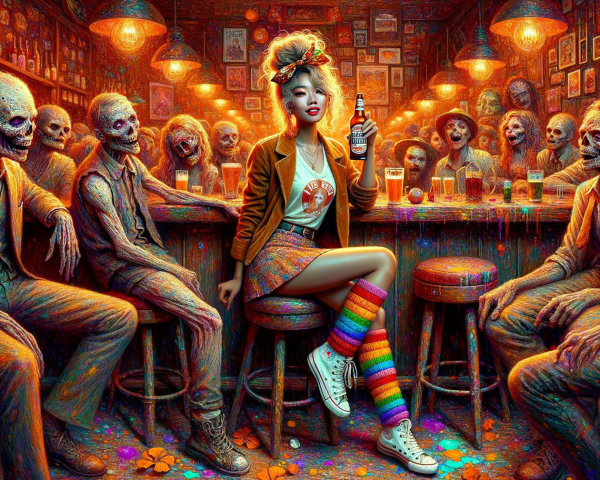 Surreal Bar Scene with Colorful Woman and Skeletons