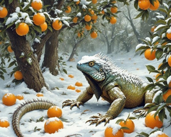 Colorful Lizard in Surreal Orange Orchard Landscape