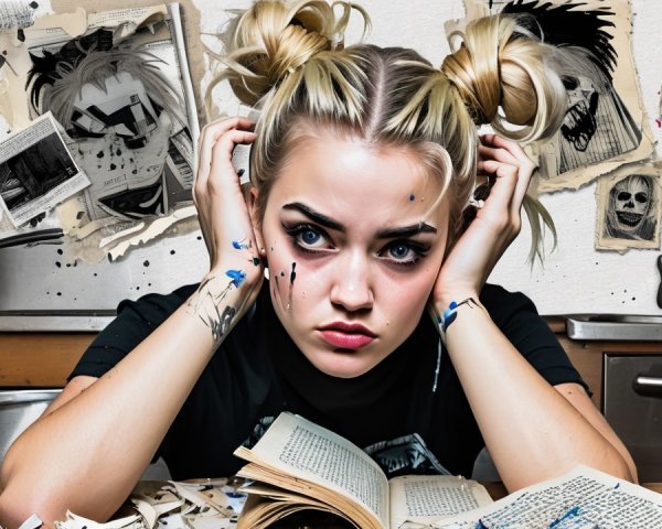Young Woman at Cluttered Kitchen Table with Books