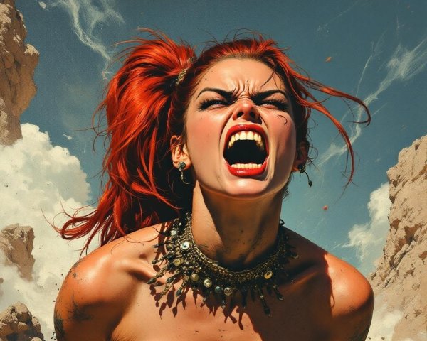 Fierce Warrior Woman Against Dramatic Sky and Cliffs