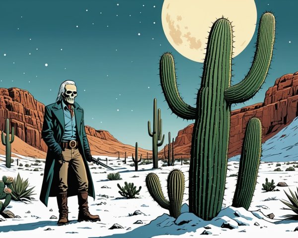 Skeletal Figure in Desert Landscape Under Moonlight