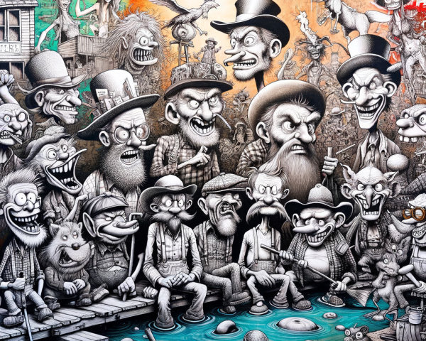 Vibrant Mural with Whimsical Caricatures and Surrealism