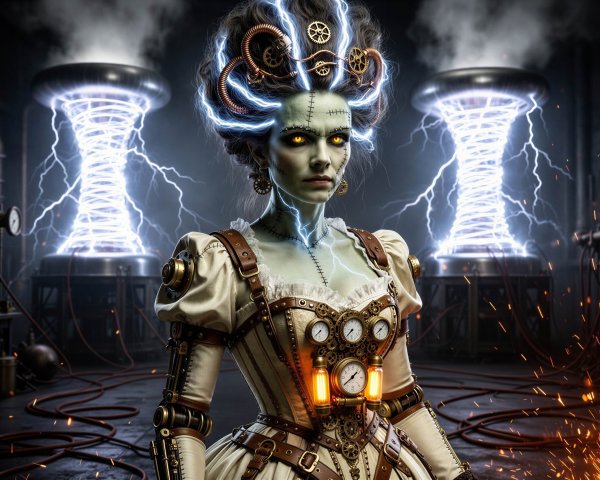 Steampunk Bride of Frankenstein in Industrial Setting