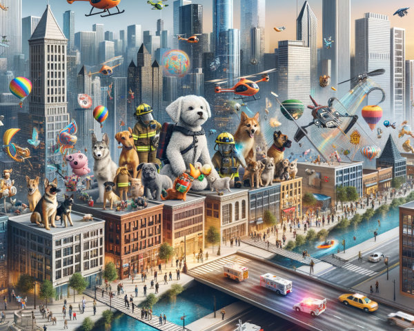 Vibrant city scene with playful animals and activities