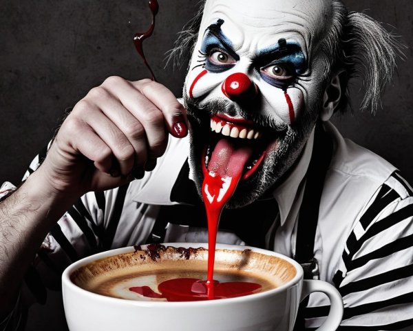 Menacing Clown with Coffee and Exaggerated Makeup