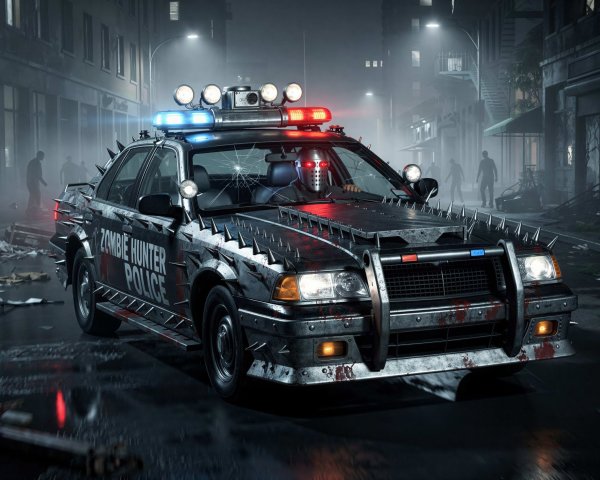 Armored Zombie Hunter Police Car in Rainy City Scene