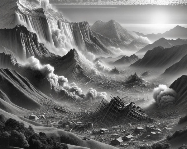 Monochrome Landscape of a Desolate Valley After Disaster