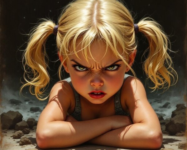 Young girl with blonde pigtails in rocky terrain