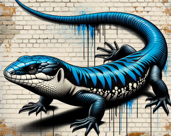 Vibrant Lizard Mural on Weathered Brick Wall