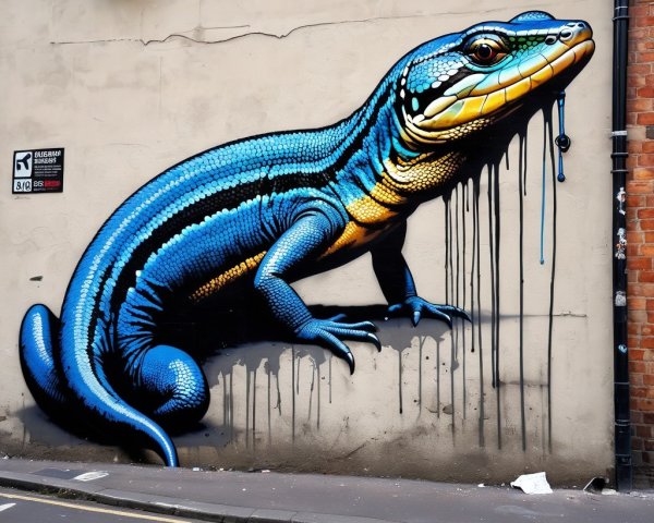 Vibrant Mural of Blue and Yellow Lizard on Wall