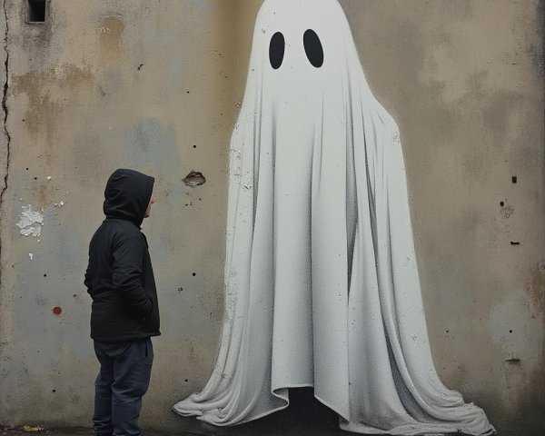 Mural of a ghost on a weathered wall with observer
