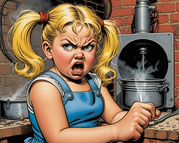Young girl in blue dress looks frustrated in kitchen