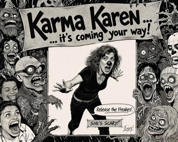 Karma Karen Surrounded by Zombies and Monsters