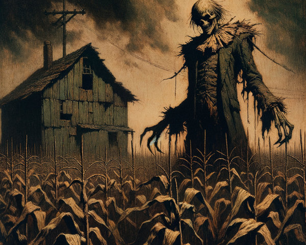 Menacing Scarecrow in a Barren Cornfield Scene
